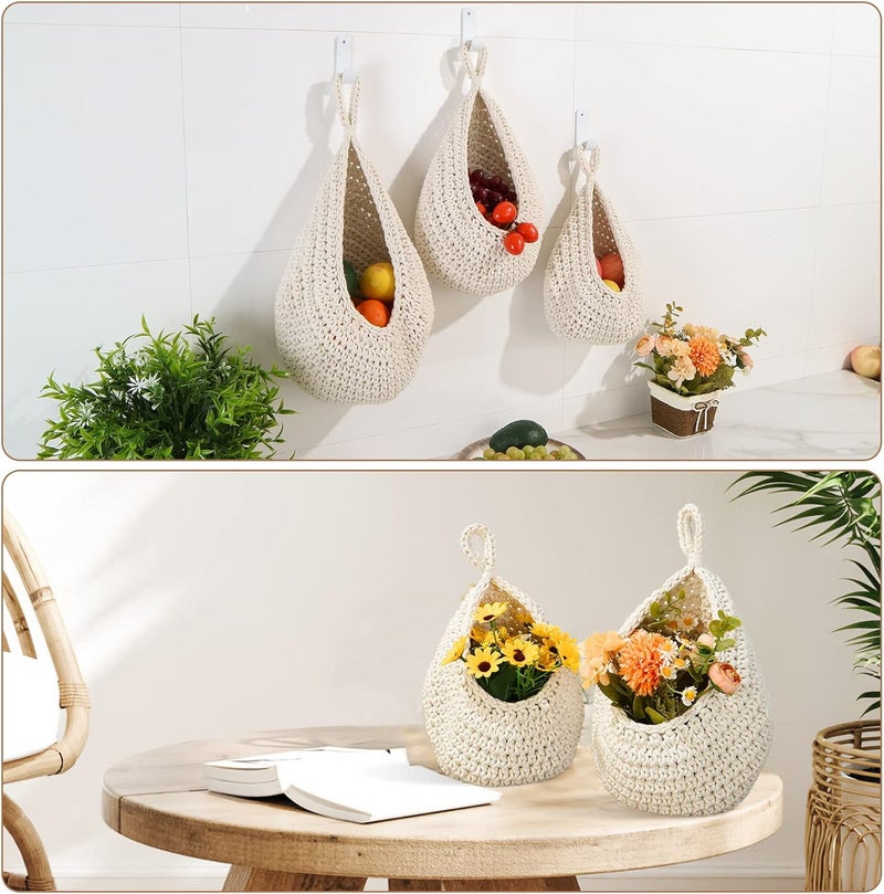 OGOTEZ Hanging Fruit Baskets for Kitchen - 3 Pack Boho Wall Hanging Basket with 6 Pcs Strong Hooks, Handwoven Onion Storage Teardrop Home Onion Basket for Fruits Vegetable Potato Kitchen Storage (White) - Image 5